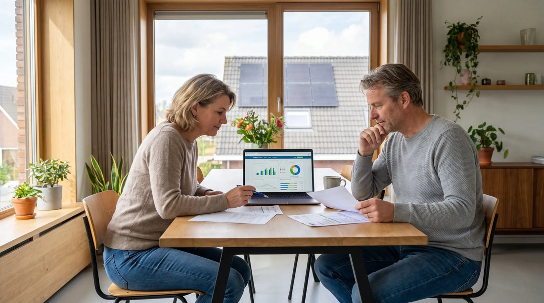 Huiseigenaren vergelijken een energiecontract zonder terugleverkosten in een woning met zonnepanelen