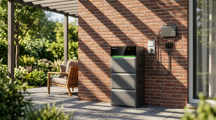 Moderne Nederlandse woning met zonnepanelen en een plug-in thuisbatterij in de bijkeuken