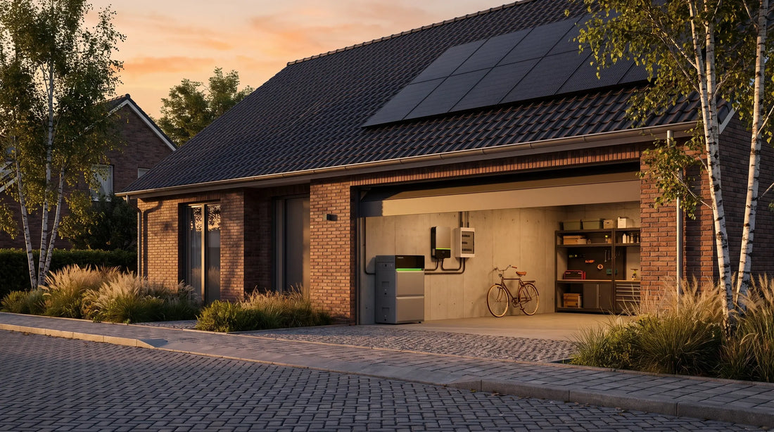 Nederlandse woning met zonnepanelen en thuisbatterij als visuele keuze tussen wachten op solid-state en huidige slimme opslag