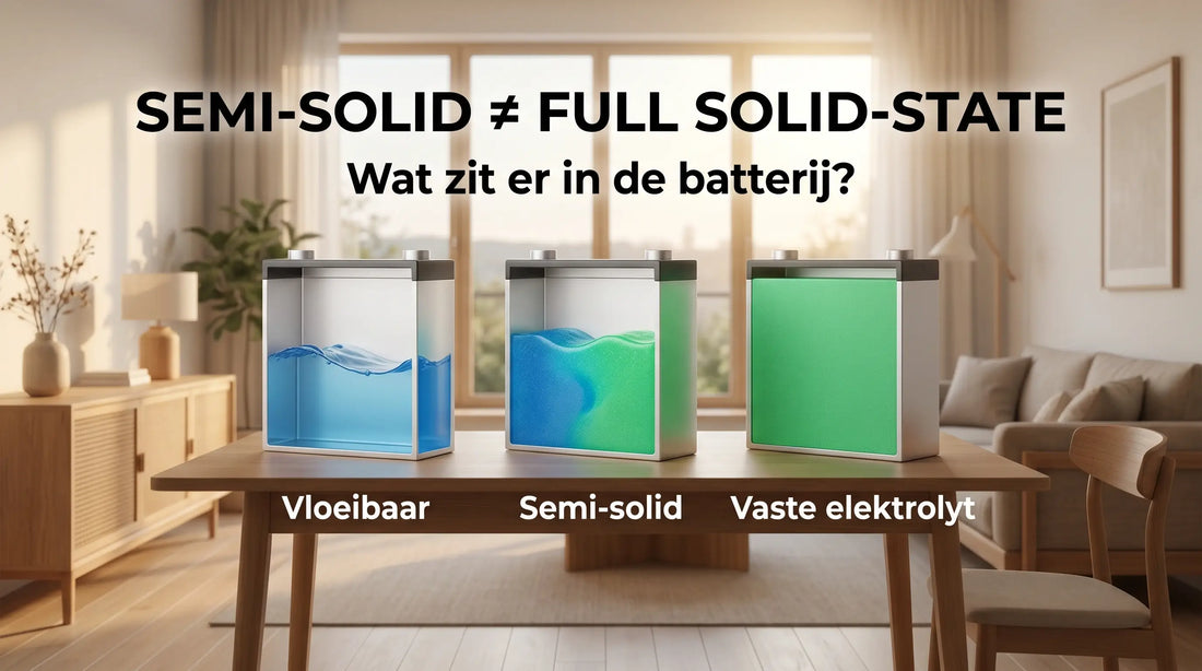 Visuele uitleg van het verschil tussen vloeibare, semi-solid en vaste elektrolyt bij thuisbatterijen