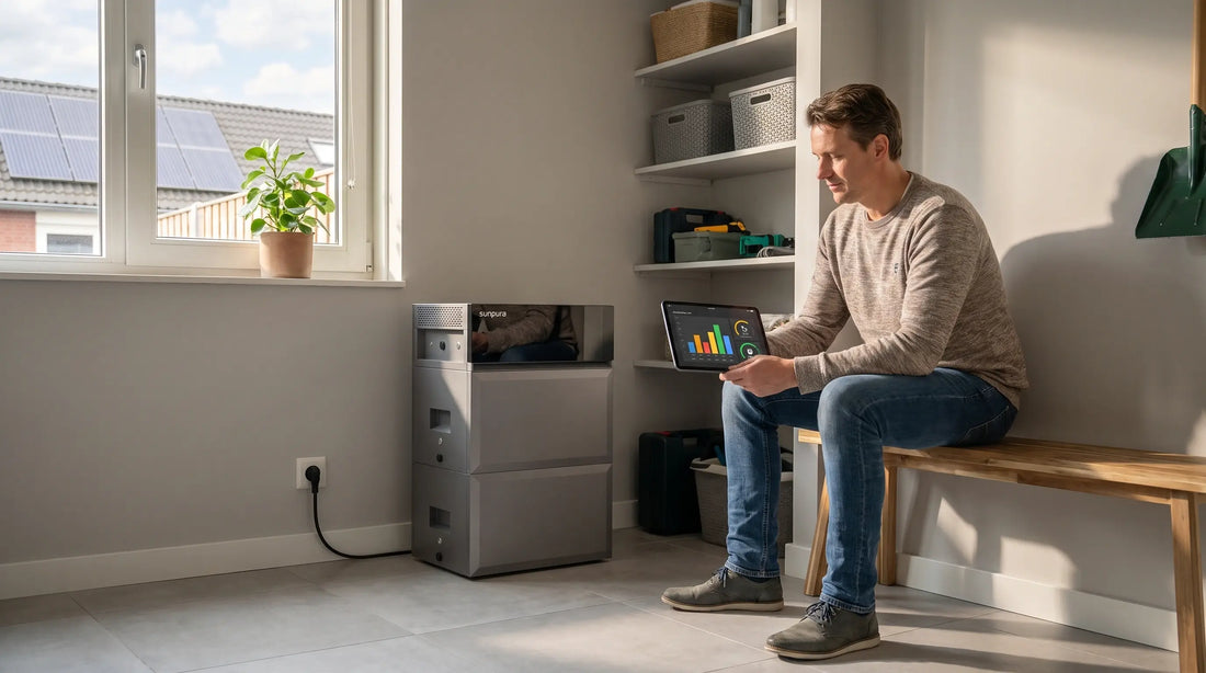 Sunpura_S2400_plug-in_thuisbatterij_in_een_Nederlandse_woning_met_bewoner_die_energieverbruik_en_zonnepanelen_op_een_tablet_bekijkt