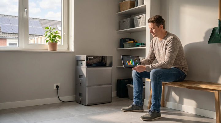 Sunpura_S2400_plug-in_thuisbatterij_in_een_Nederlandse_woning_met_bewoner_die_energieverbruik_en_zonnepanelen_op_een_tablet_bekijkt