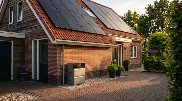 Thuisbatterij 10 kWh bij moderne Nederlandse woning met zonnepanelen