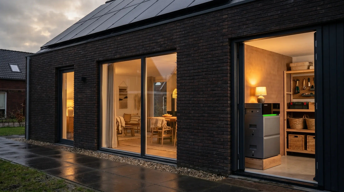 Thuisbatterij voor zonnepanelen naast een moderne Nederlandse woning met zonnepanelen