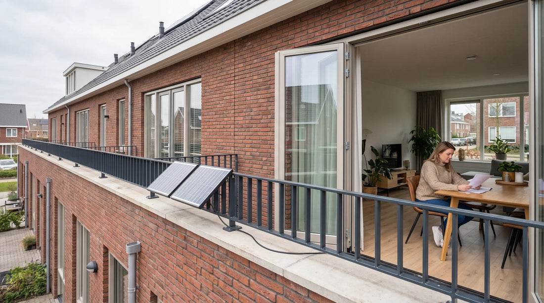 Zonnepaneel met stekker in een Nederlandse woning met veilige plaatsing op balkon of plat dak